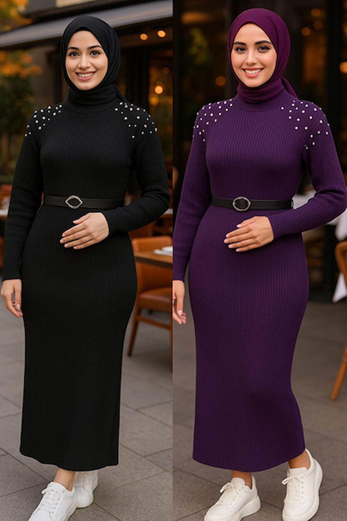 Boğazlı İnce Fitilli Omuz İnci Detaylı 2'li Triko Elbise