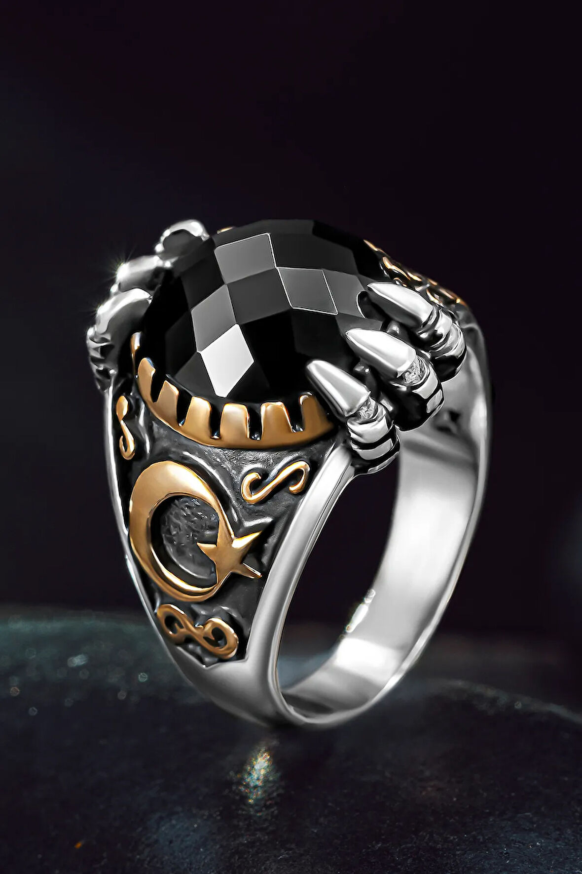 Erkek Gümüş Yüzük - Siyah Zirkon Taşlı Yanı Ay Yıldız İşlemeli Erkek Yüzük