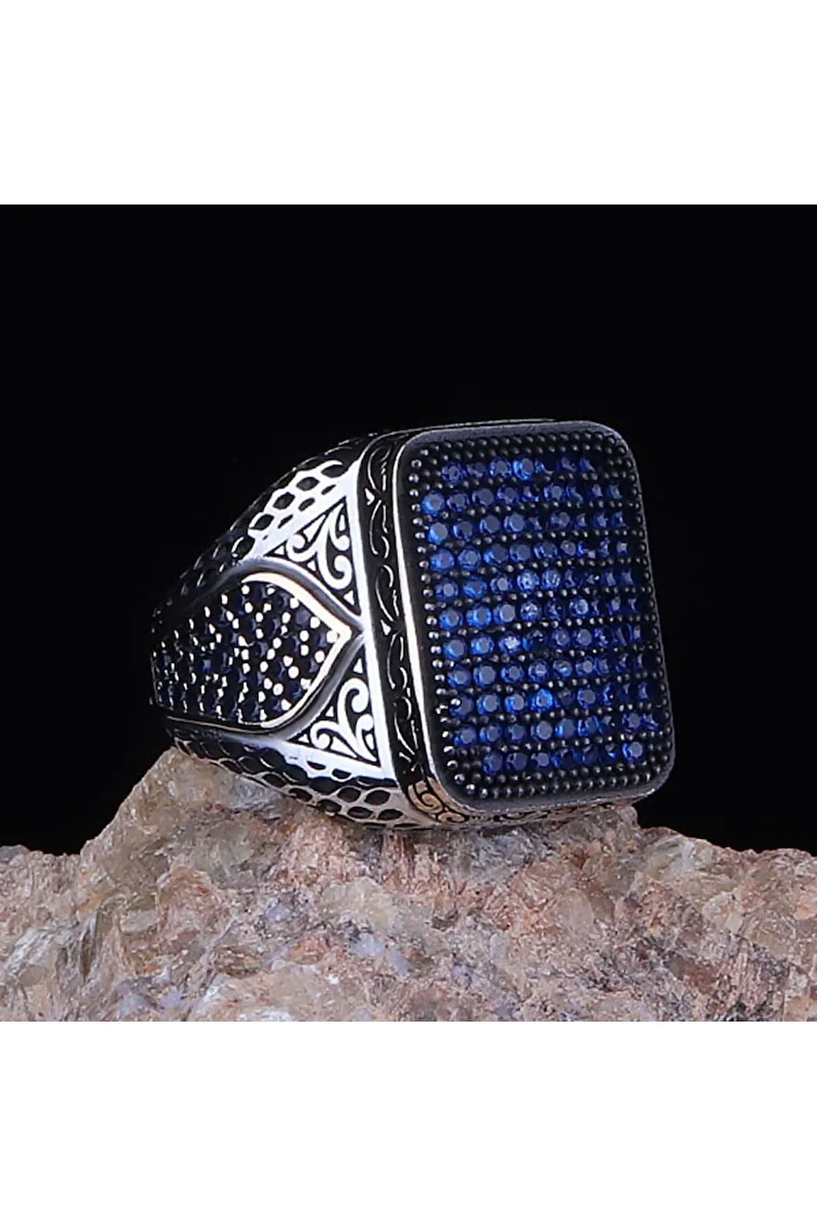 Erkek Gümüş Yüzük - Mikro Lacivert Taş Süslemeli Erkek Yüzük