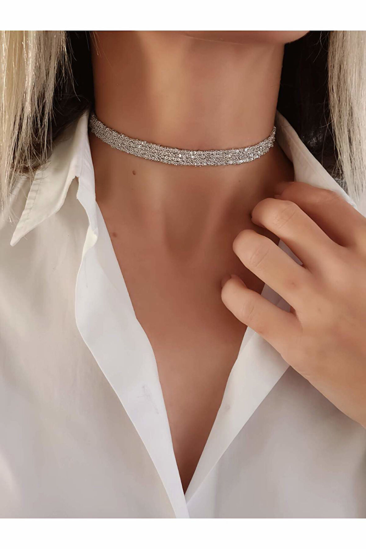 Kordon Zincir Örme El Yapımı Chooker Tasma Silver Renk Kolye