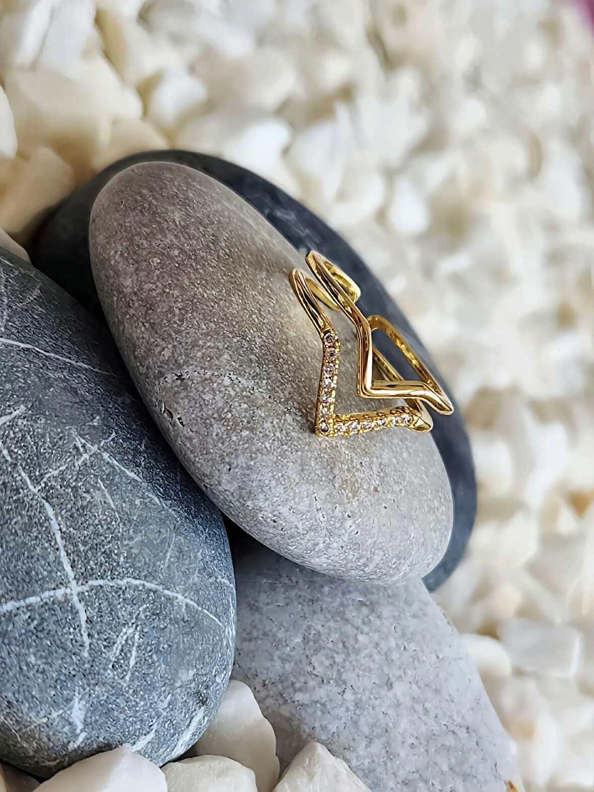 V Chevron Model Ayarlanabilir Gold Renk Çelik Yüzük