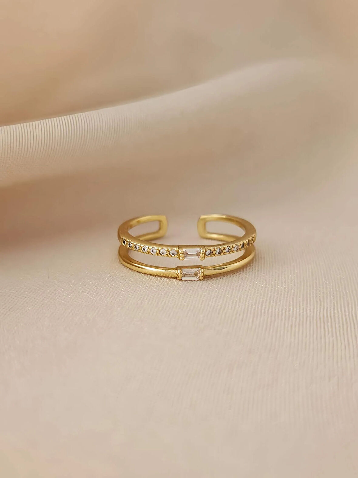 İki Sıralı Zirkon Taşlı Ayarlanabilir Gold Altın Renkli Yüzük