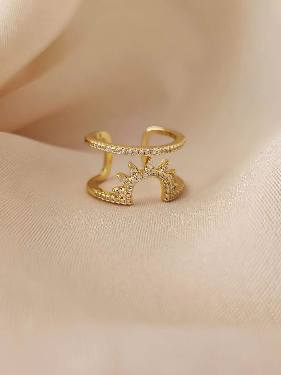 Güneş İki Sıralı Taşlı Model Ayarlanabilir Gold Altın Renkli Yüzük