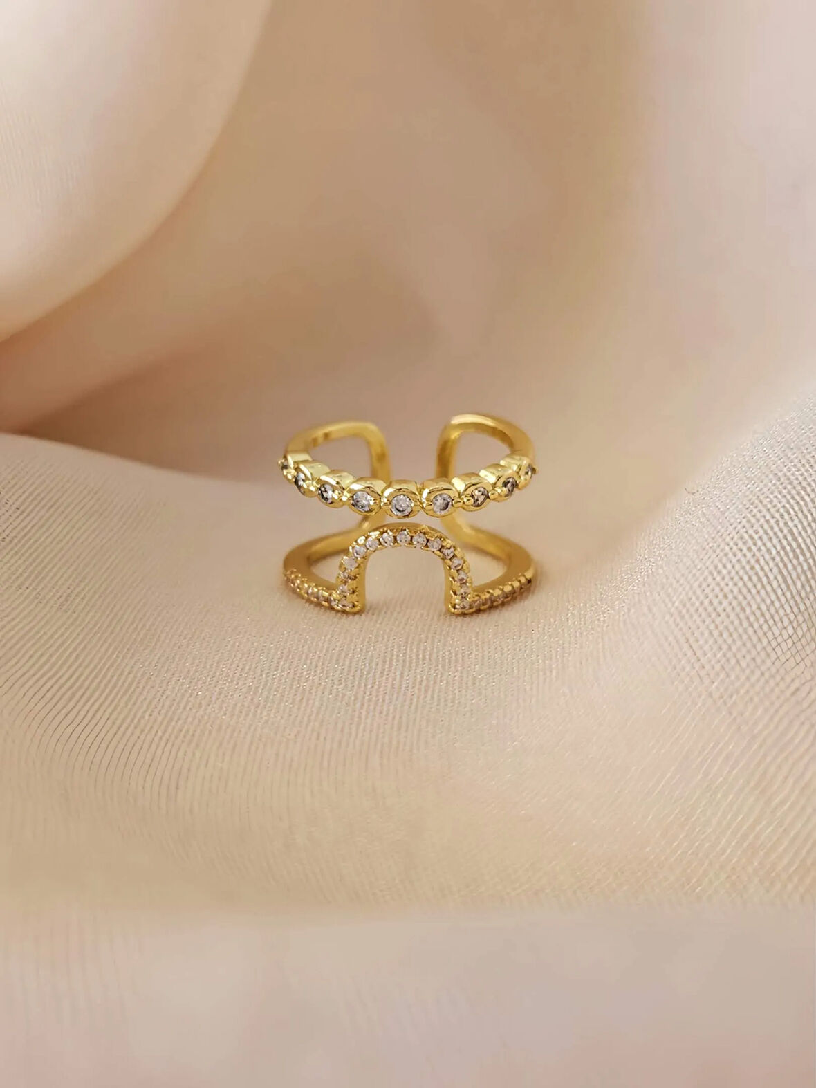 Oval İki Sıralı Taşlı Model Ayarlanabilir Gold Altın Renkli Yüzük