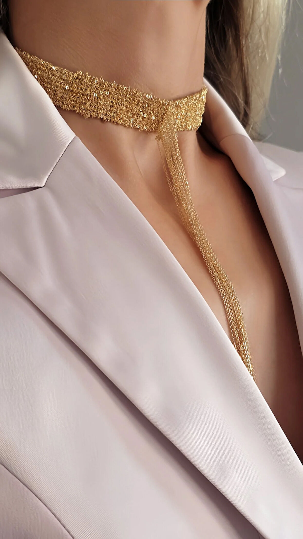 8 Sıralı Zincir Dokuma Sallantılı Vücut Tasma Choker Gold Renk El Yapımı Kolye