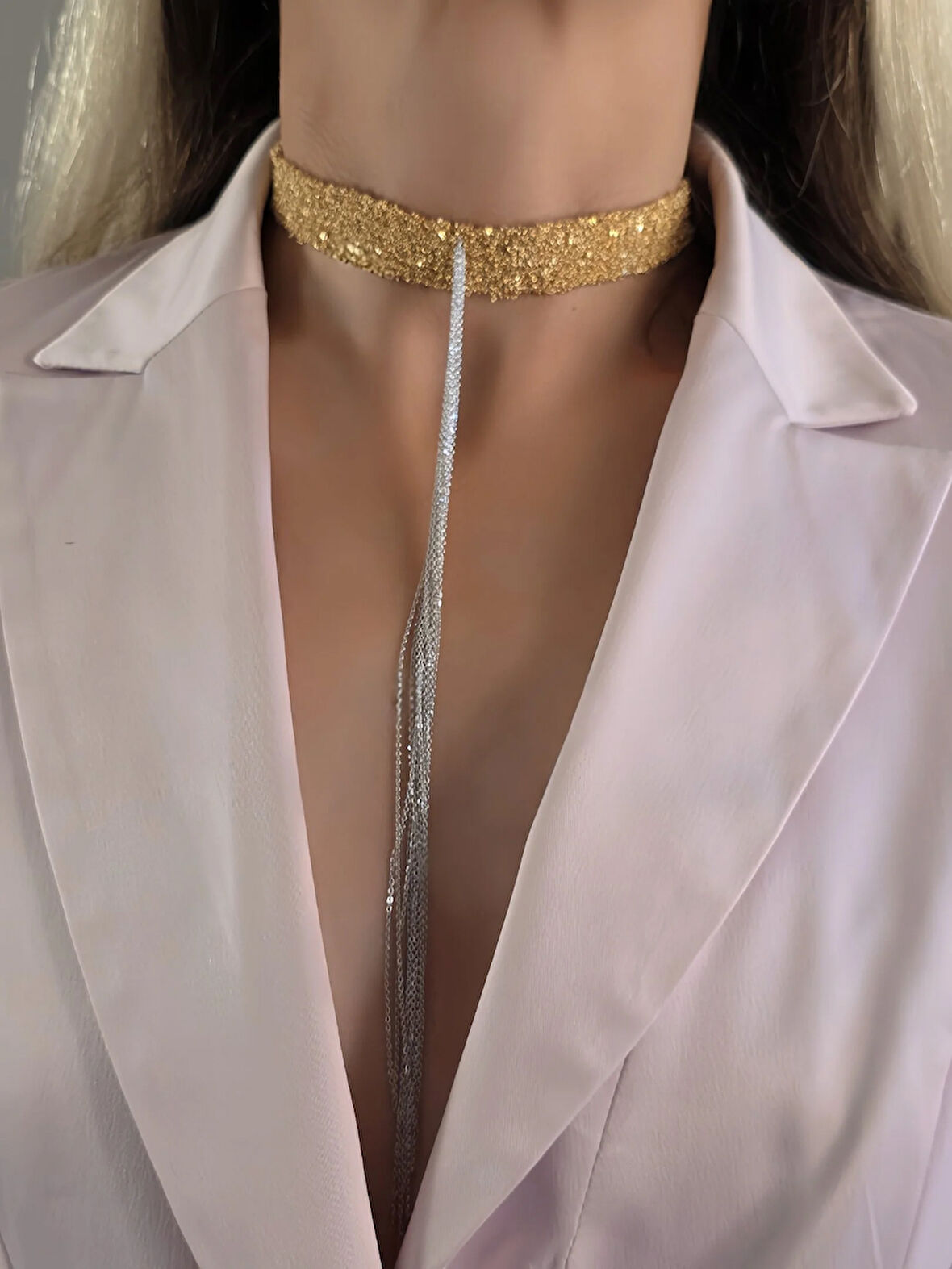 8 Sıralı Zincir Dokuma Sallantılı Vücut Tasma Choker  Gold Gümüş Renk El Yapımı Kolye
