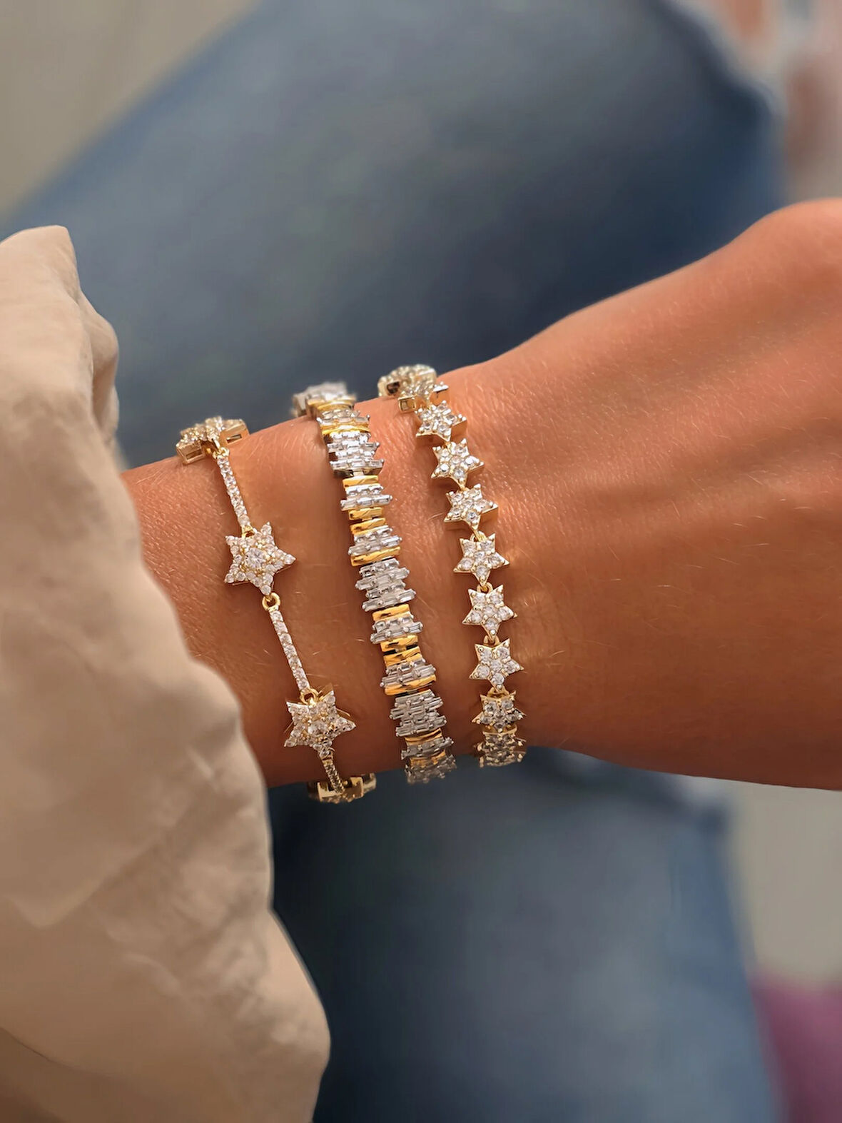 Zikzak Ritim Rhythm Baget Taşlı Silver Gold Renkli Çelik Bileklik