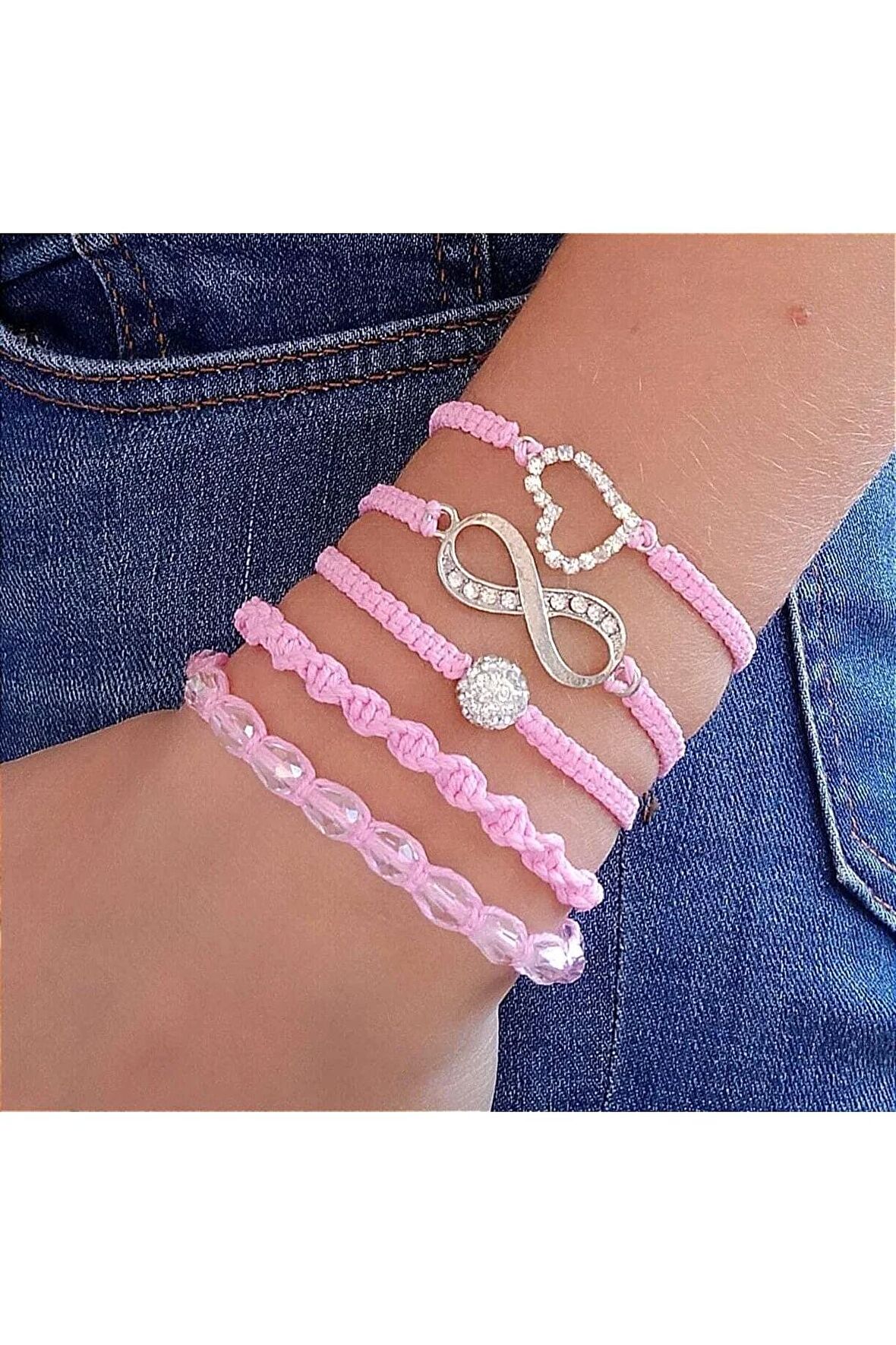 Pembe Sonsuzluk - Kalp- Kristal Makrome Ip Bileklik Takımı Set