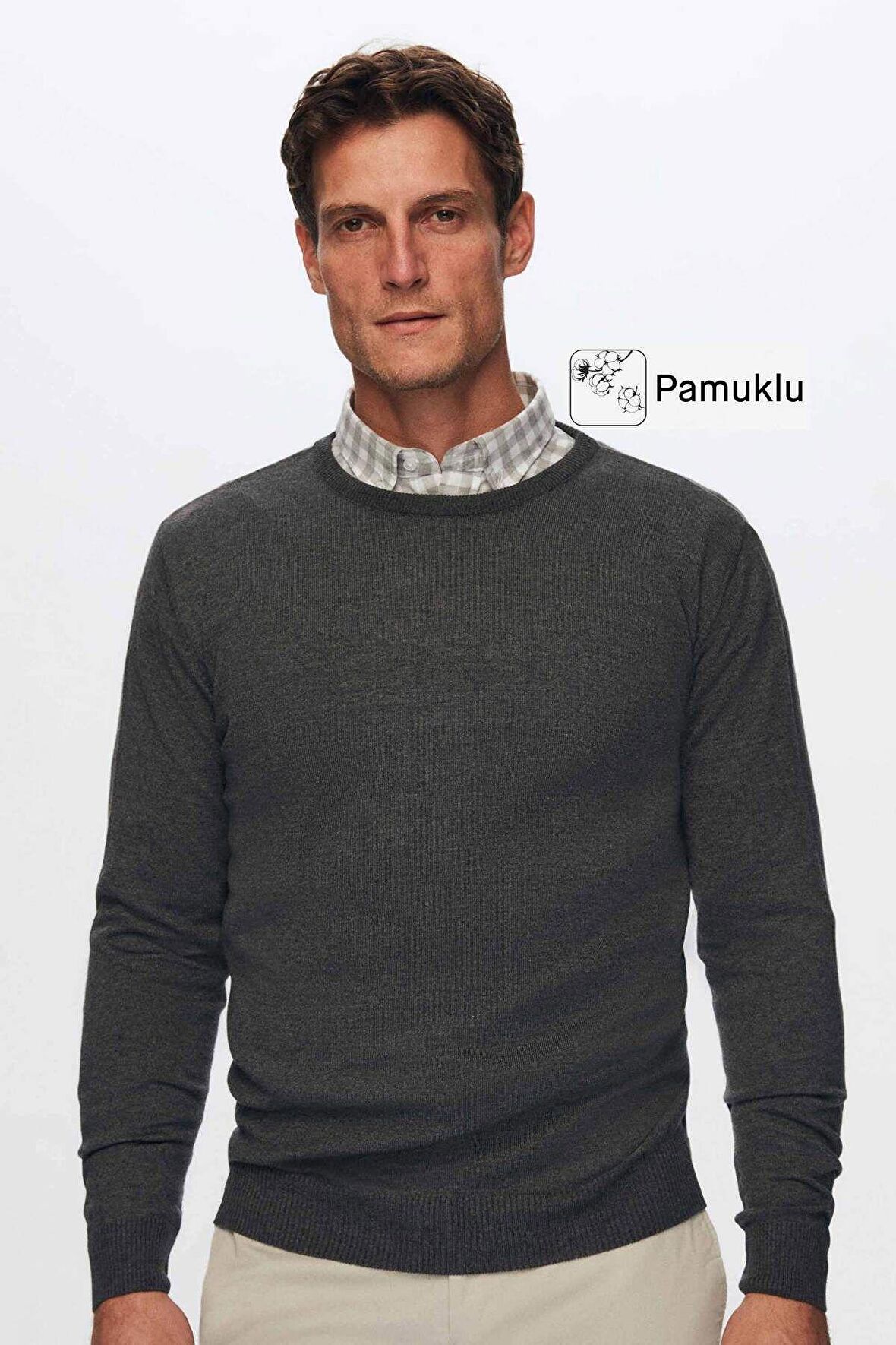 Regular Fit Antrasit Pamuk Karışımlı Triko Kazak 5HF06ORT12004