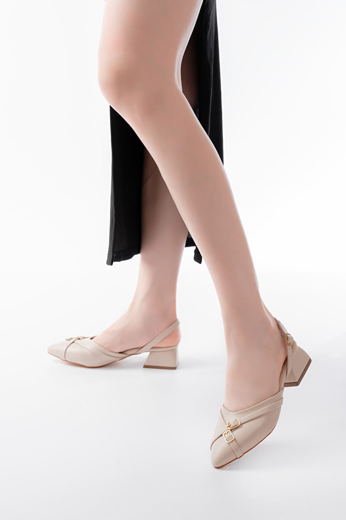 Gabriel Bej Çapraz Tokalı (4 cm Topuklu) Sivri Burun Babet Ayakkabı