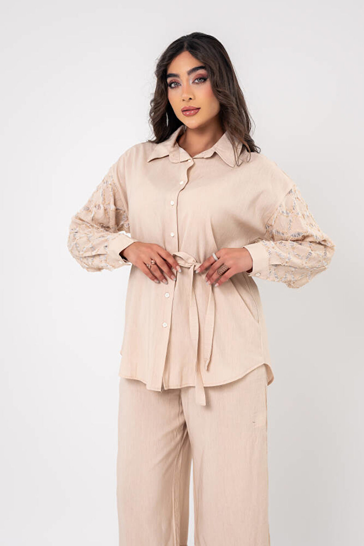 Yıpratma Detaylı Oversize  Gömlek Pantolon Takım TKM16052