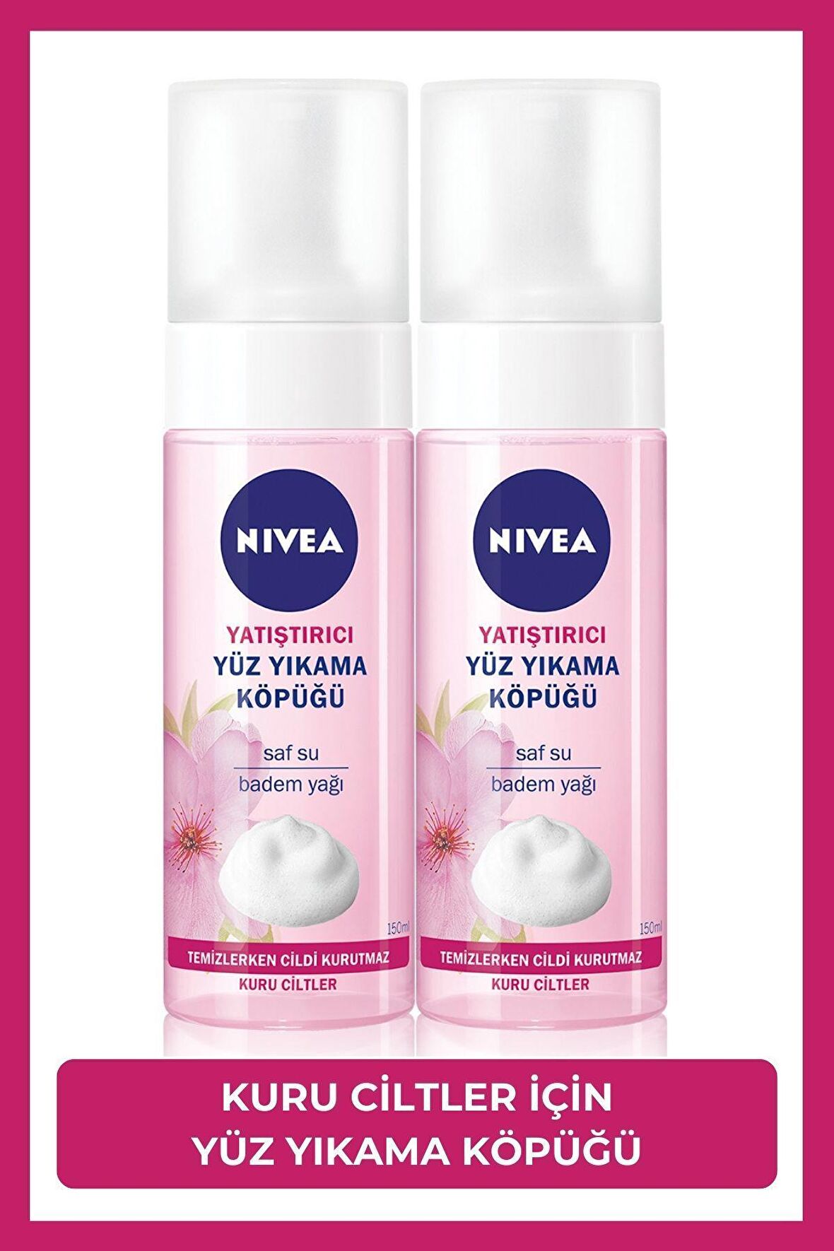 Nivea Hassas ve Kuru Cilt için Yatıştırıcı Doğal Badem Yağlı&Hydra IQ Yüz Temizleme Köpüğü 2x150 ml 