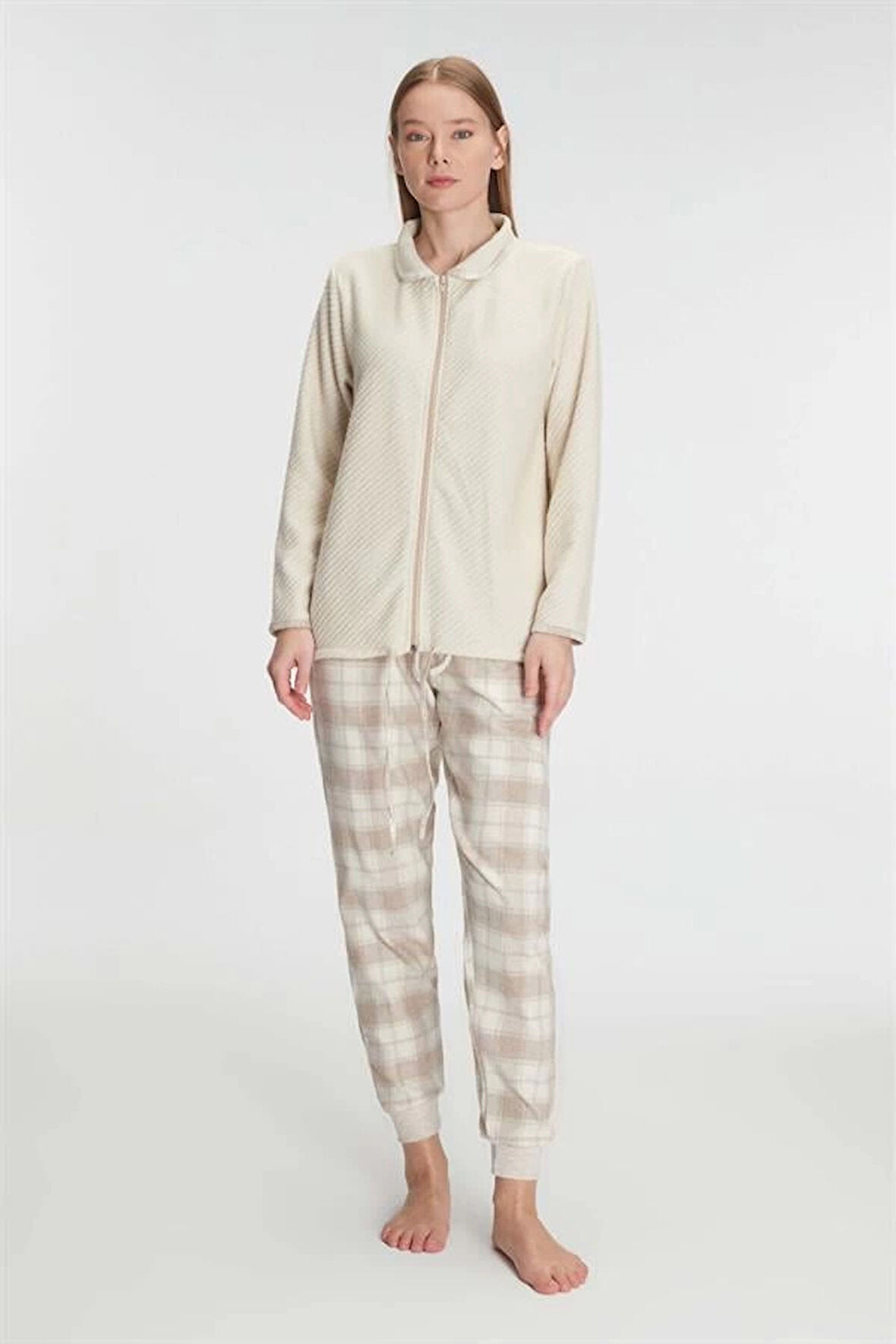 AmoraSecret AmoraSecret Fermuarlı Uzun Kol Sweatshirt Pantolon Takım Viskon ve Pamuklu Pijama Takımı