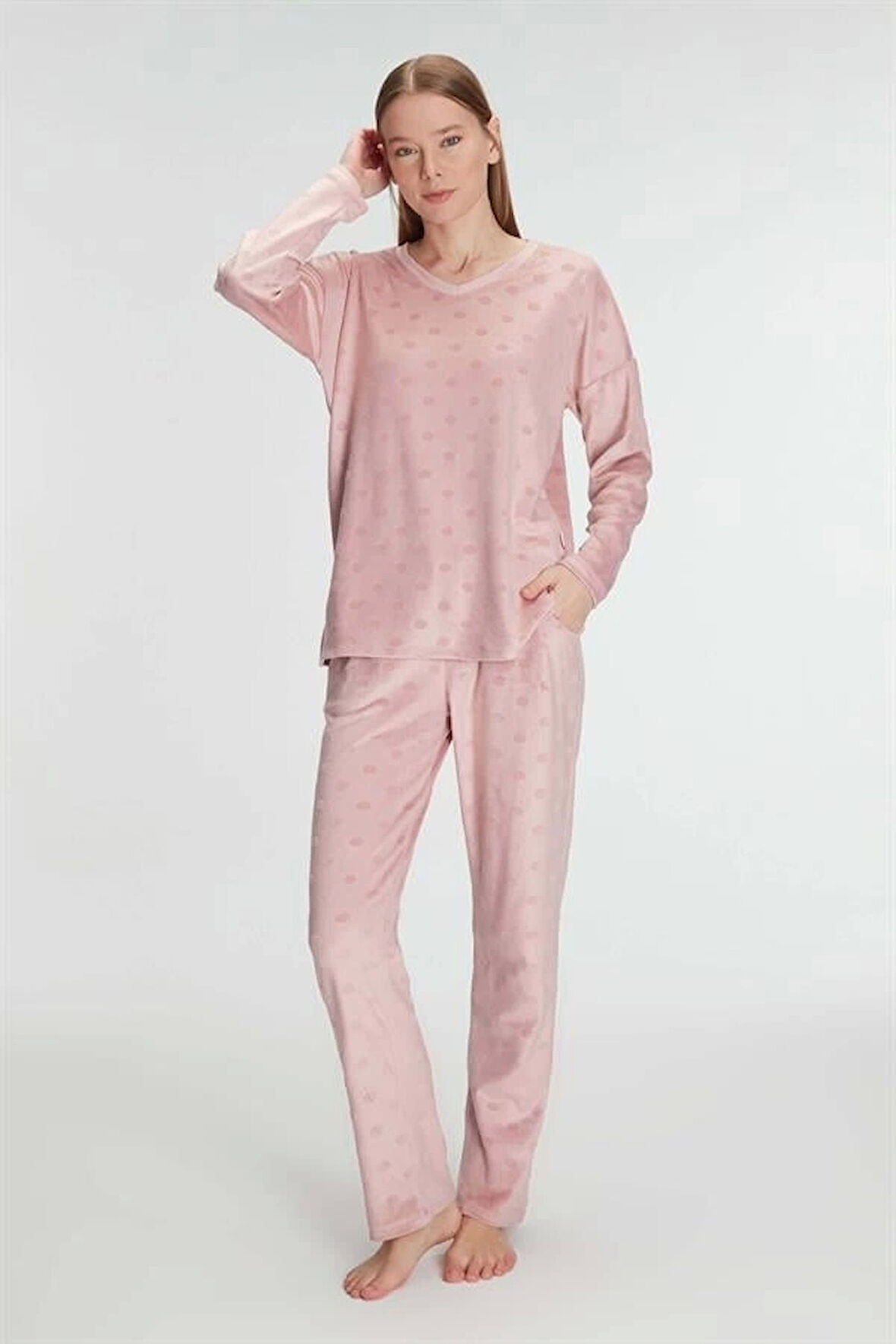 AmoraSecret AmoraSecret Uzun Kol V Yaka Sweatshirt ve Pantolon Takım Pijama Takımı