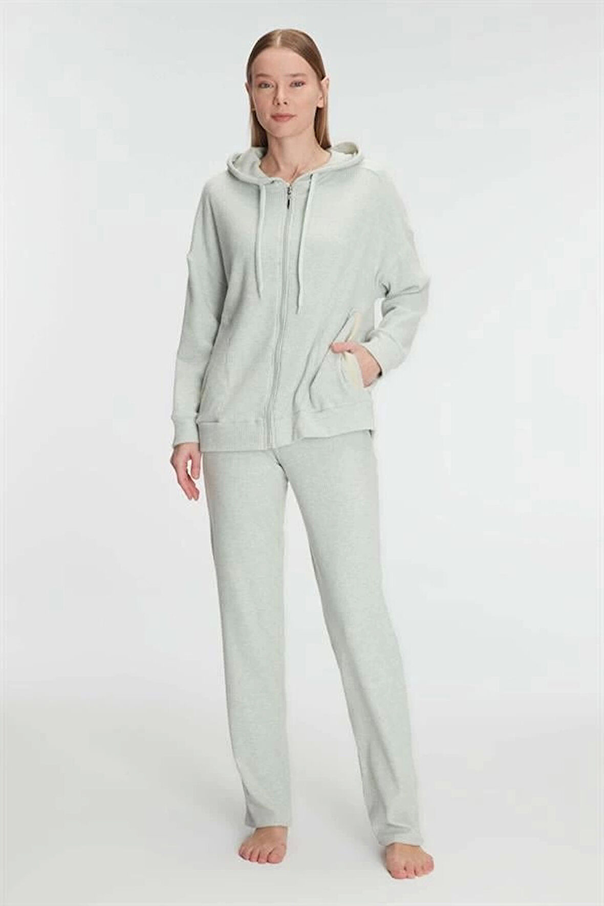 AmoraSecret AmoraSecret Pamuklu Homesuit Kapüşonlu Fermuarlı Ev Giyim Pijama Takımı