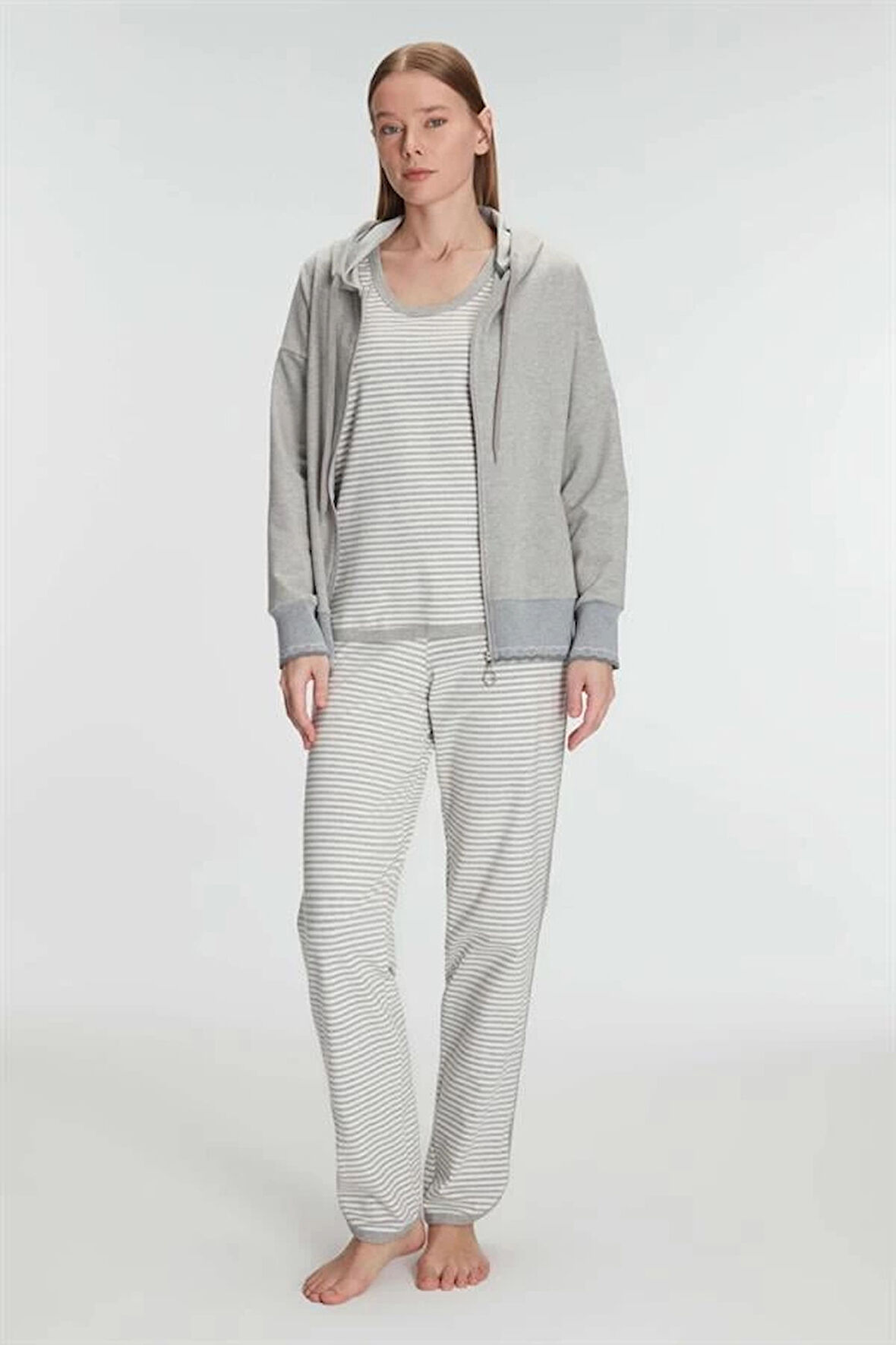 AmoraSecret AmoraSecret Pamuklu Uzun Kol Fermuarlı Swearshirt Sıfır Kol T-Shirt ve Pantolon Pijama Takım