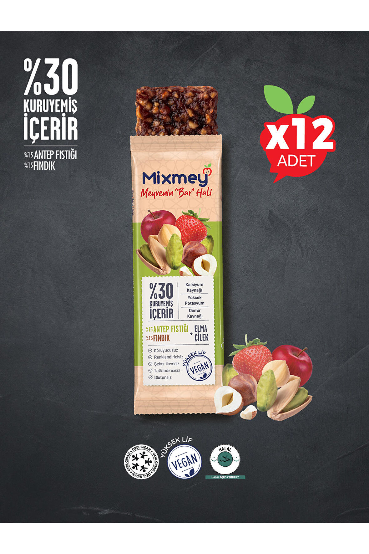 Elmalı, Çilekli Antep Fıstıklı Ve Fındıklı Meyve Bar 12*25gr