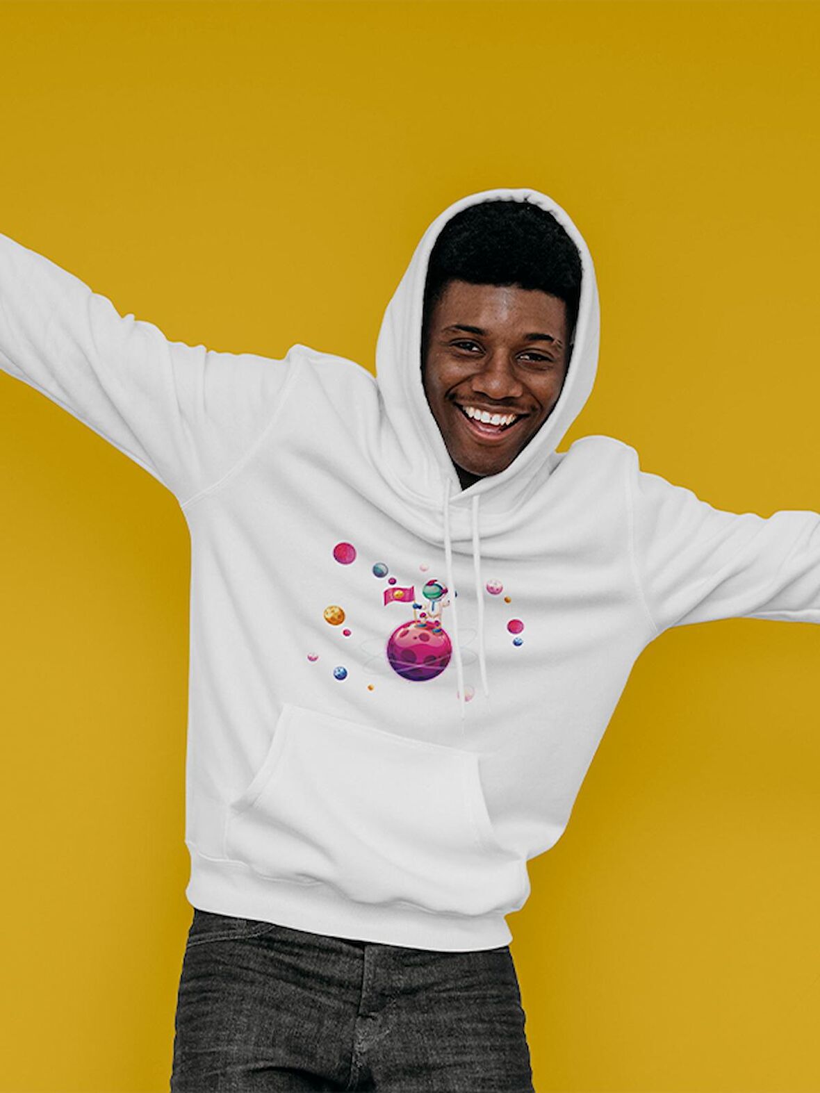 Galaxi Uzay Baskılı Tasarım 3 İplik Kalın Beyaz Sweatshirt Hoodie 