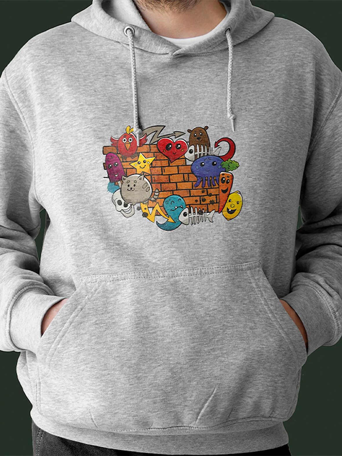 Grafiti Baskılı Tasarım 3 İplik Kalın Gri  Sweatshirt Hoodie 