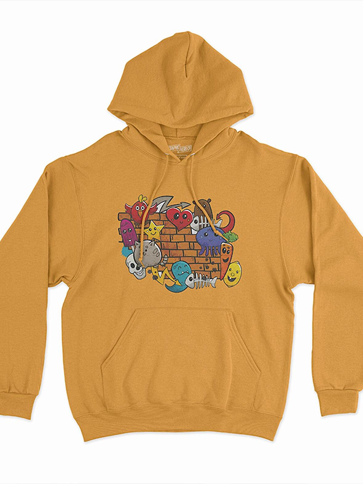 Grafiti Baskılı Tasarım 3 İplik Kalın Sarı  Sweatshirt Hoodie 