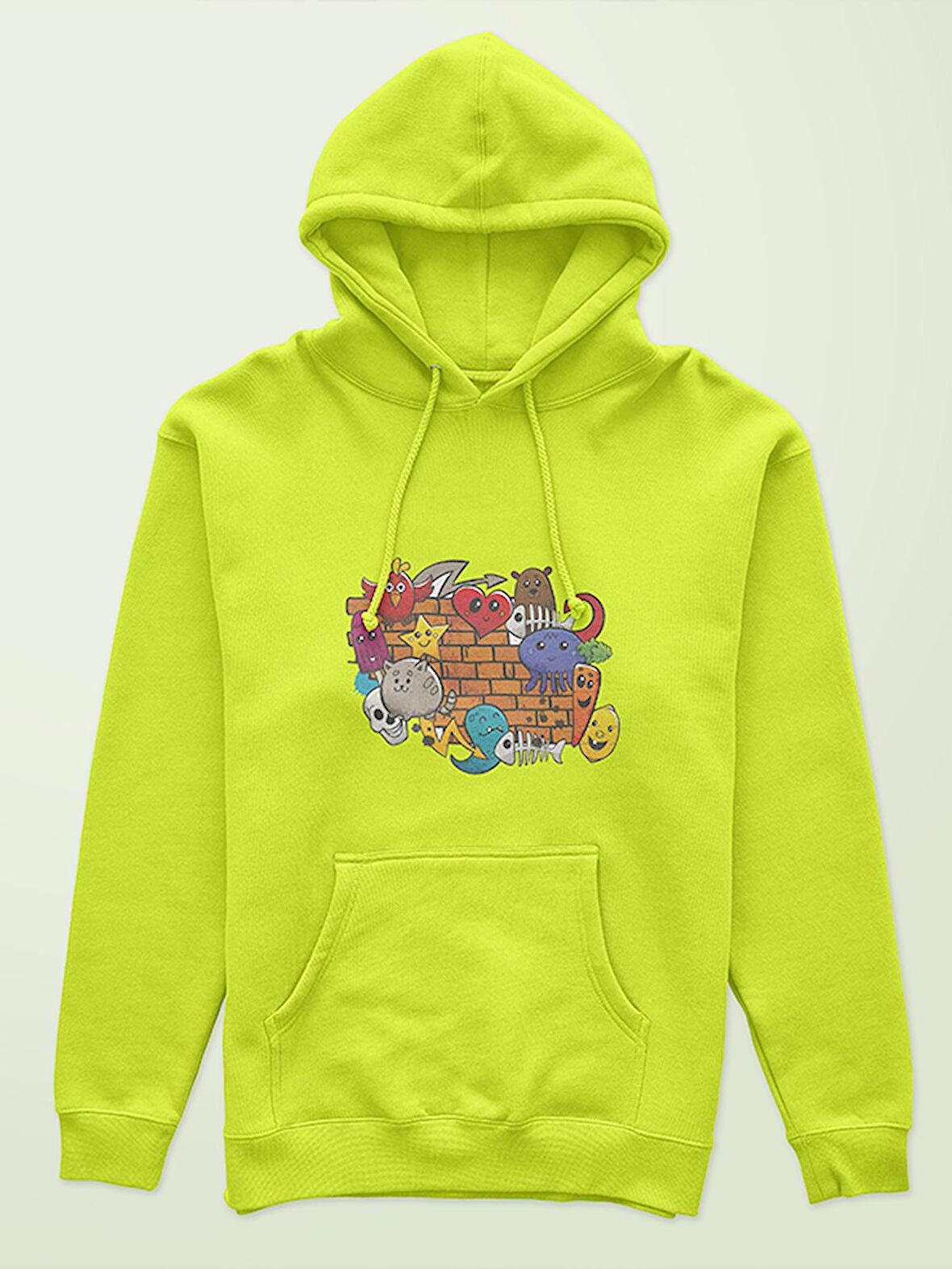 Grafiti Baskılı Tasarım 3 İplik Kalın Neon Sarı  Sweatshirt Hoodie 
