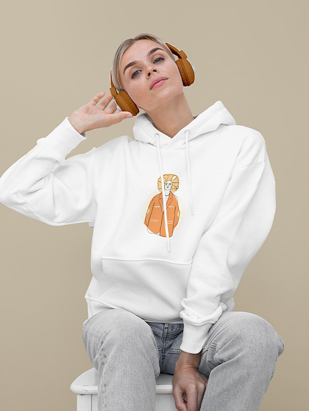 İnsan Baskılı Tasarım 3 İplik Kalın Beyaz Sweatshirt Hoodie 