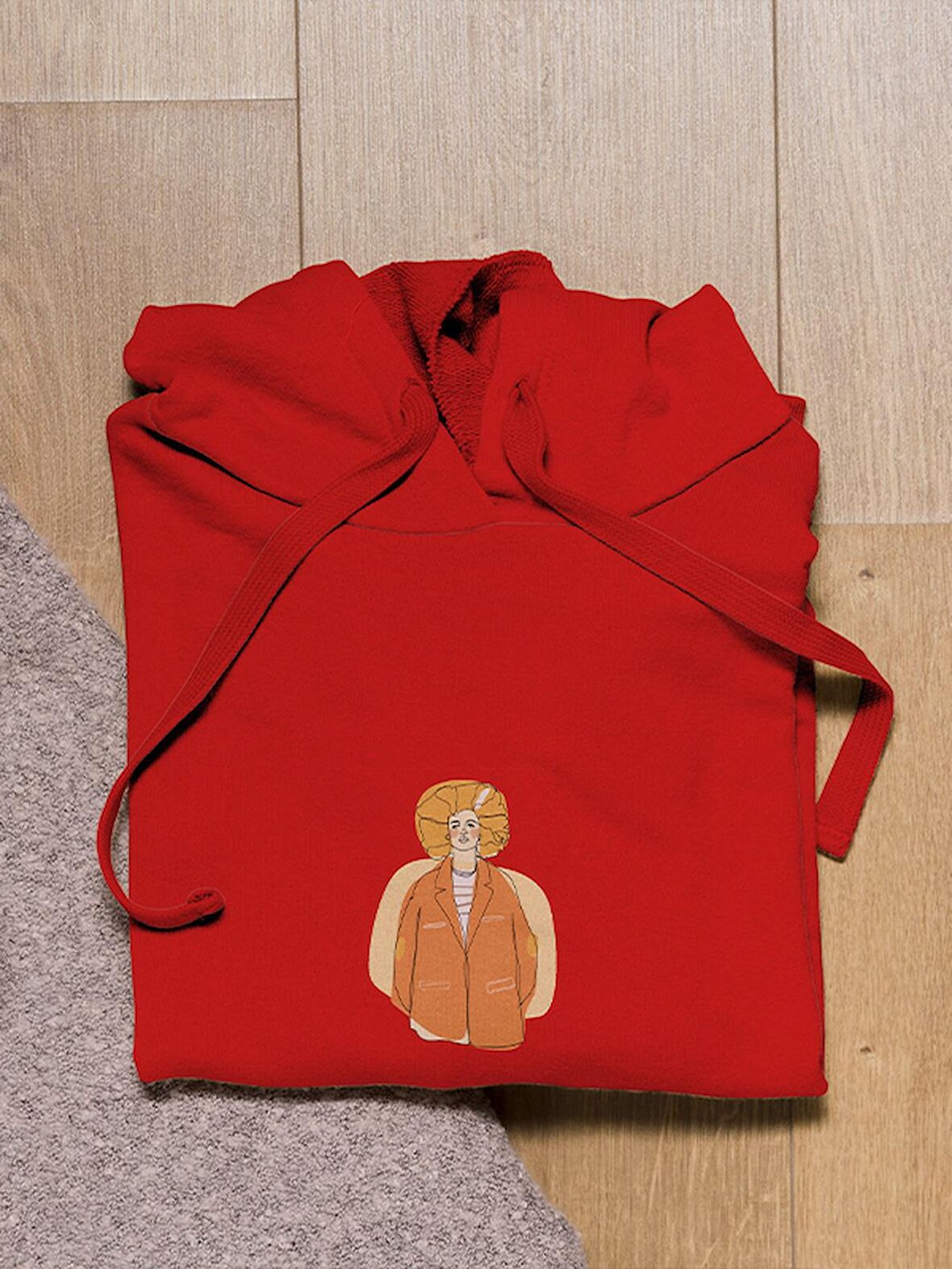 İnsan Baskılı Tasarım 3 İplik Kalın Kırmzı Sweatshirt Hoodie 