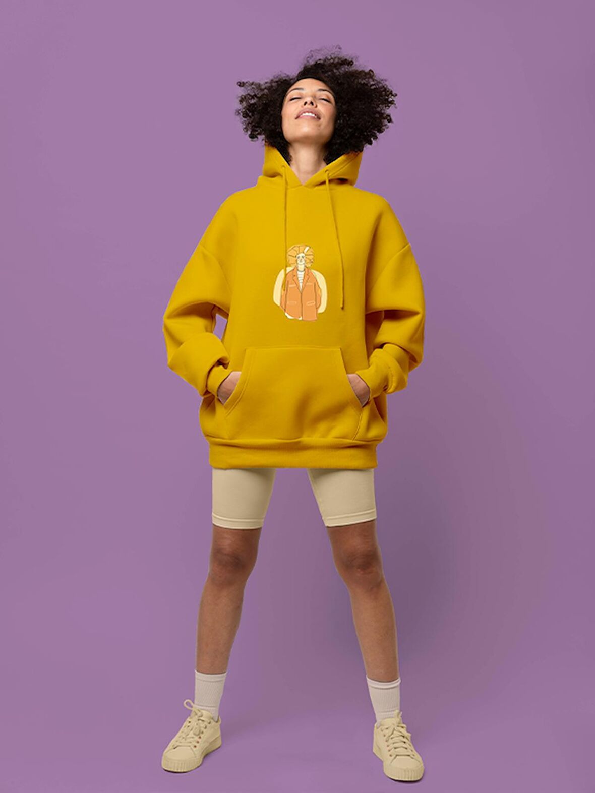 İnsan Baskılı Tasarım 3 İplik Kalın Sarı Sweatshirt Hoodie 