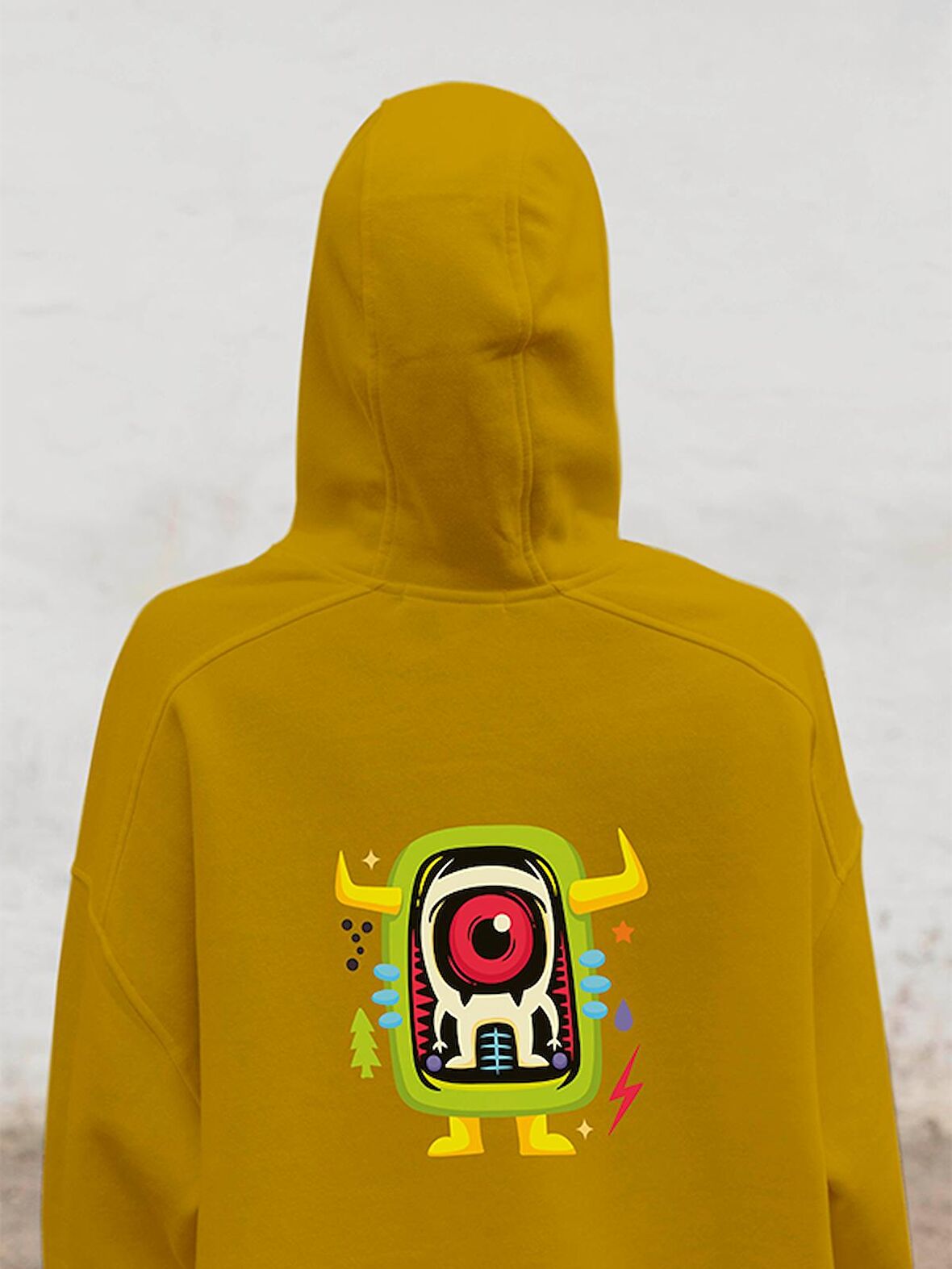 Monster Canavar Baskılı Tasarım 3 İplik Kalın Sarı Sweatshirt Hoodie 