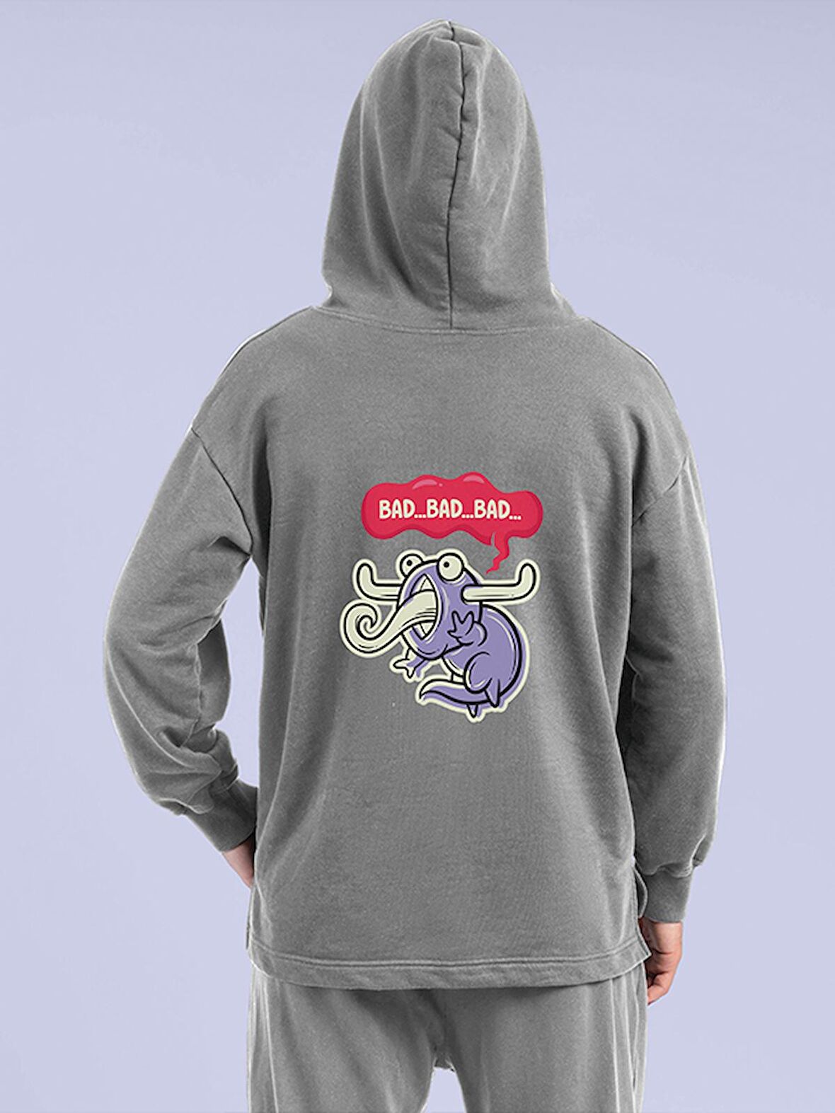 Monster Canavar Bad Bad Baskılı Tasarım 3 İplik Kalın Gri Sweatshirt Hoodie 