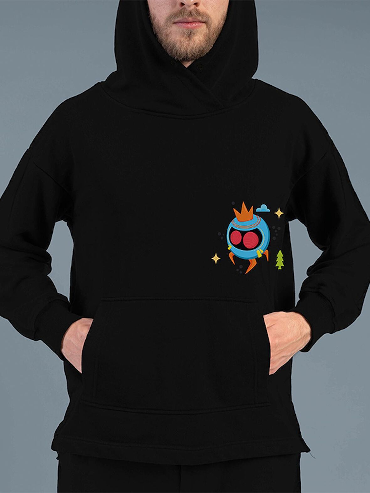 Monster Canavar Ball Baskılı Tasarım 3 İplik Kalın Siyah Sweatshirt Hoodie 