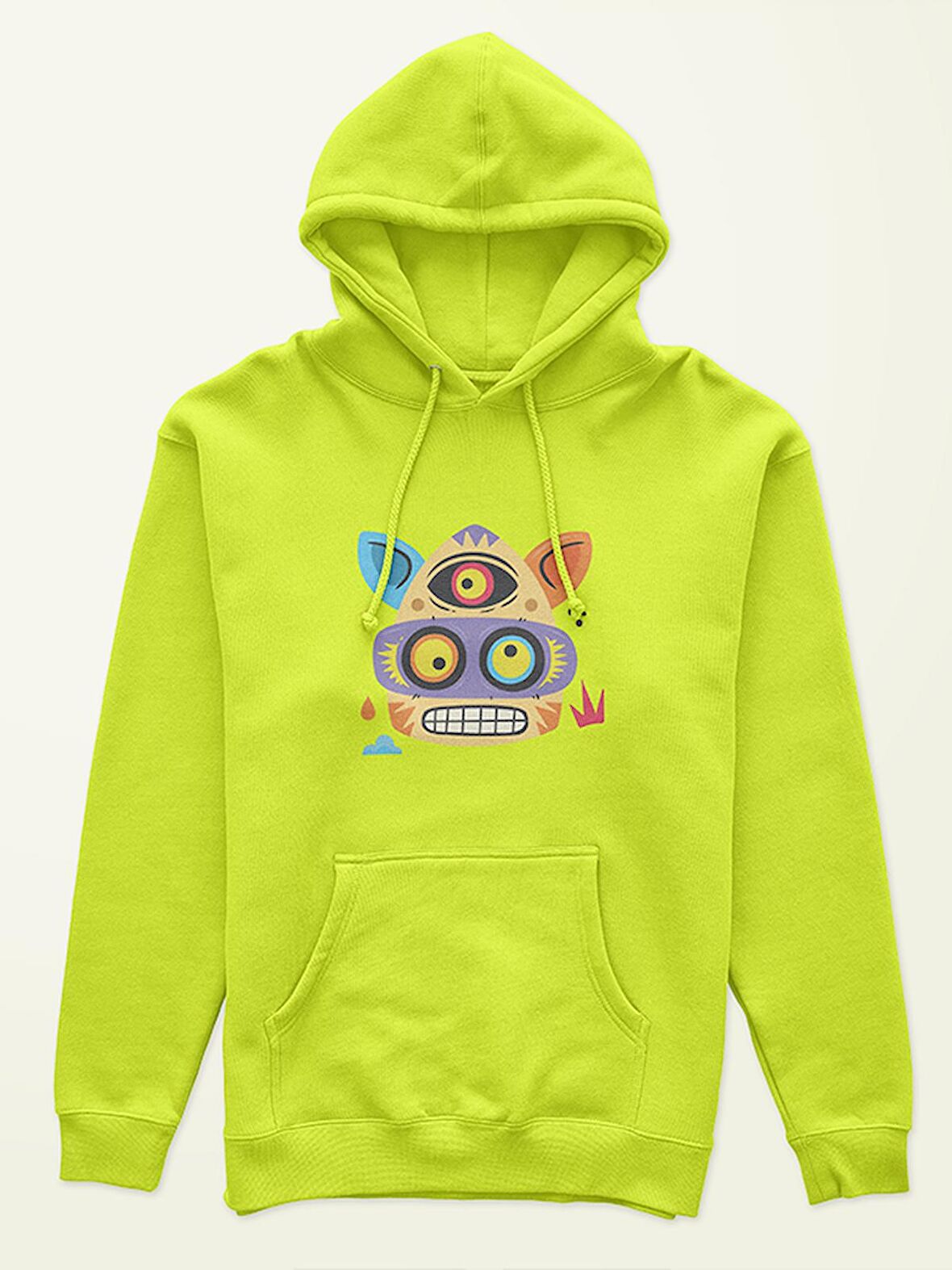 Monster Canavar Kedi Baskılı Tasarım 3 İplik Kalın Neon Sarı Sweatshirt Hoodie 