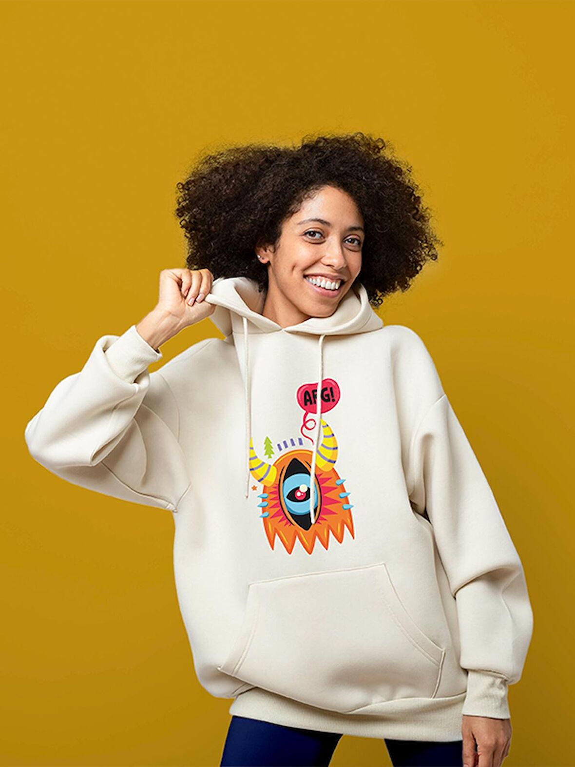 Monster Canavar Eye Baskılı Tasarım 3 İplik Kalın Beyaz Sweatshirt Hoodie 