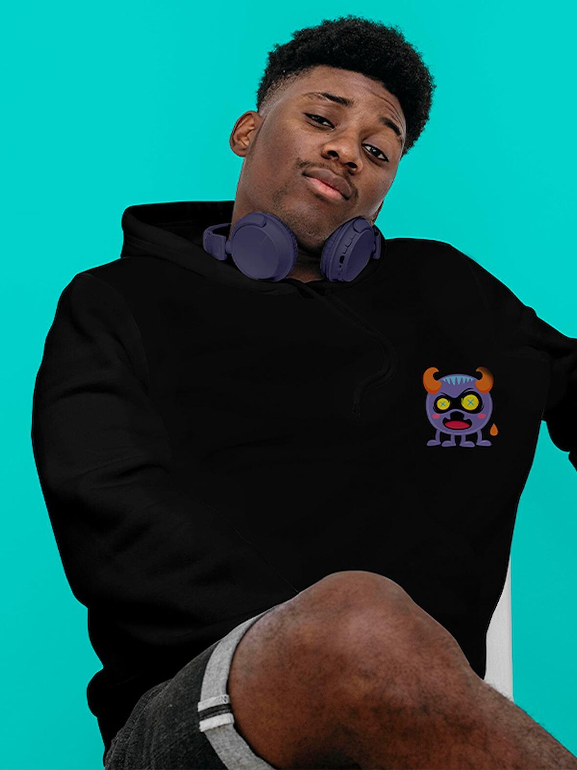 Monster Canavar Baskılı Tasarım 3 İplik Kalın Siyah Sweatshirt Hoodie 