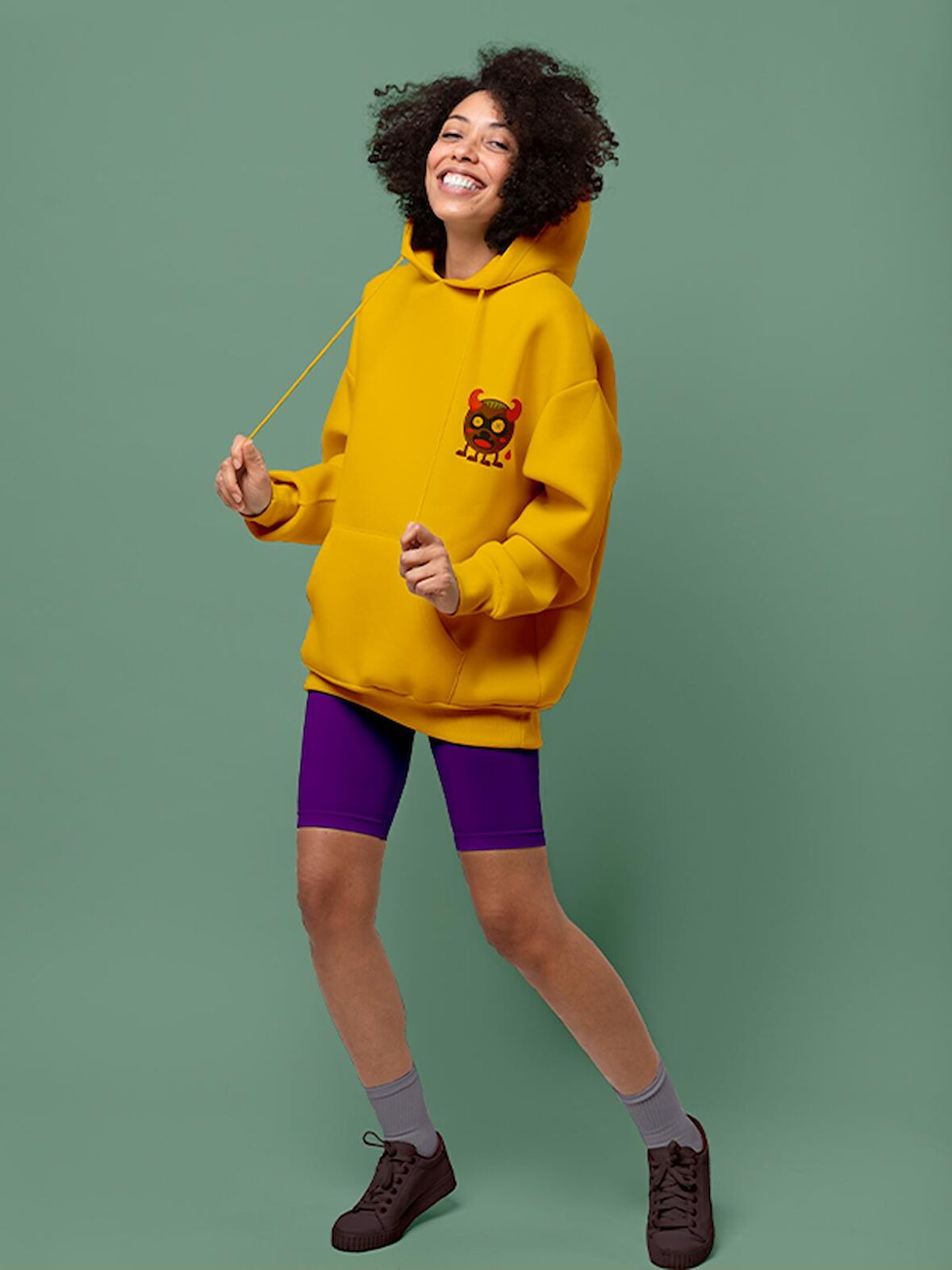 Monster Canavar Baskılı Tasarım 3 İplik Kalın Sarı Sweatshirt Hoodie 