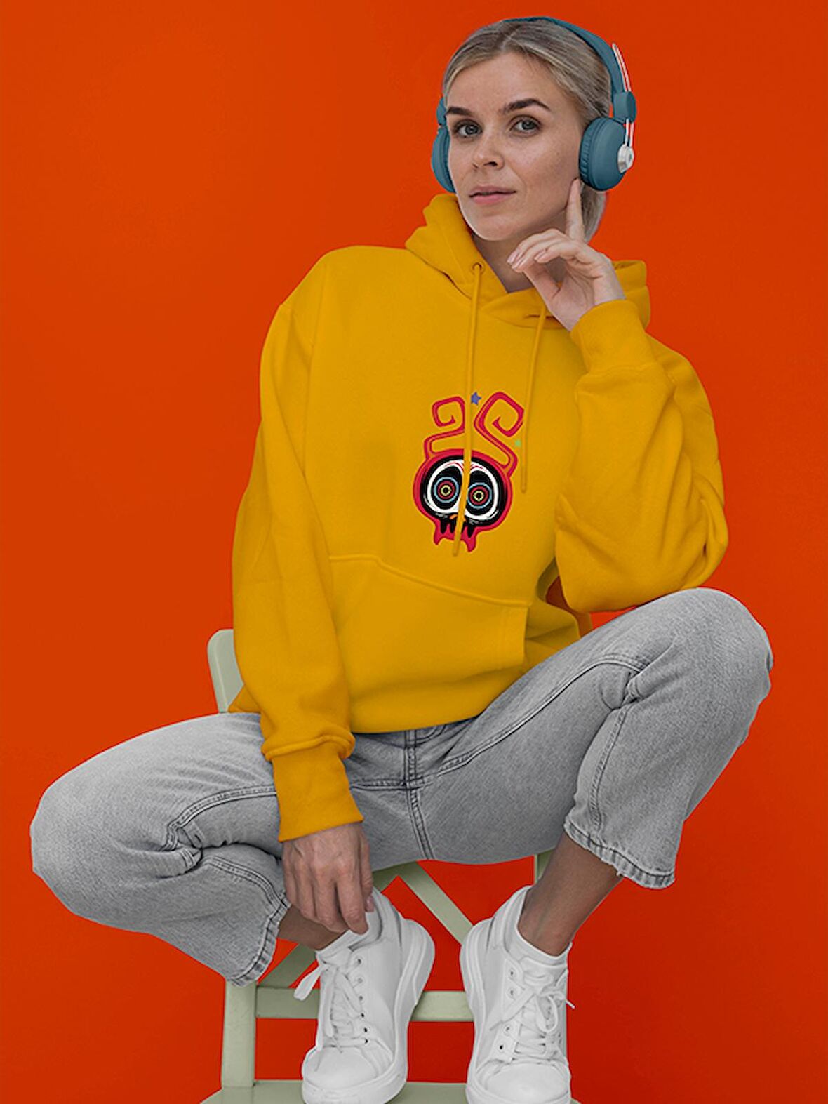Kurukafa Monster Canavar Baskılı Tasarım 3 İplik Kalın Sarı Sweatshirt Hoodie 