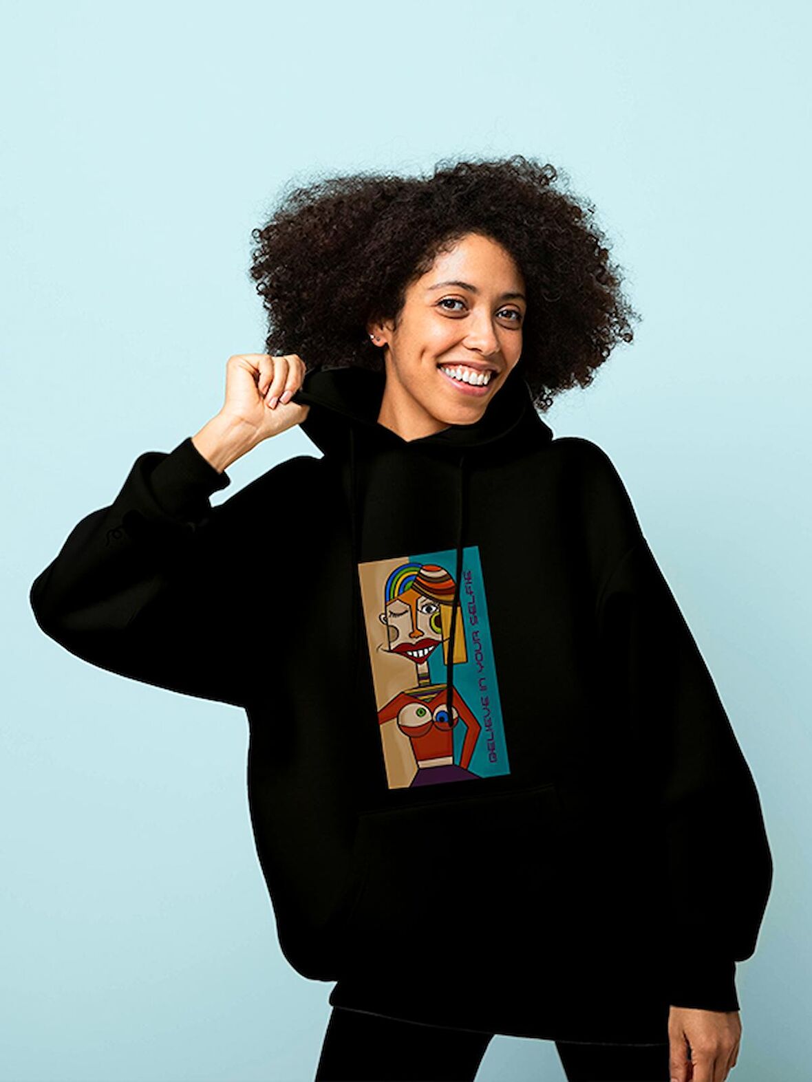 Surrealist Selfie Baskılı Tasarım 3 İplik Kalın Siyah Sweatshirt Hoodie 