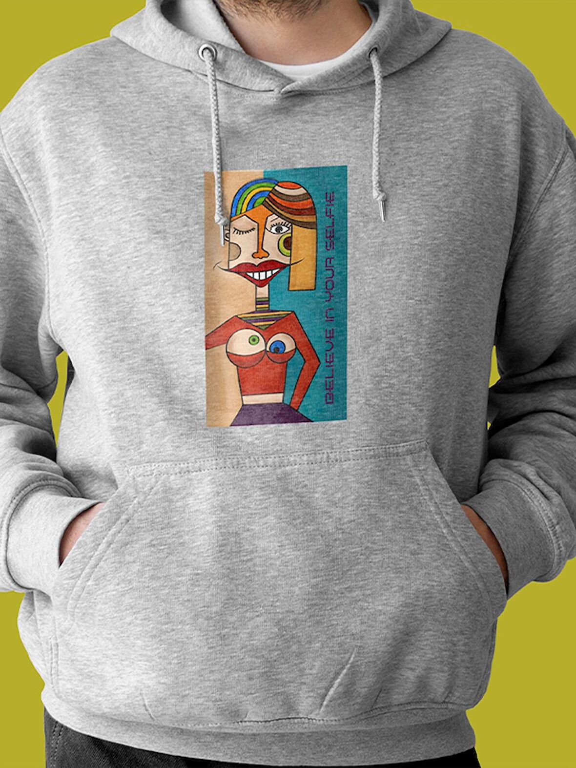 Surrealist Selfie Baskılı Tasarım 3 İplik Kalın Gri Sweatshirt Hoodie 