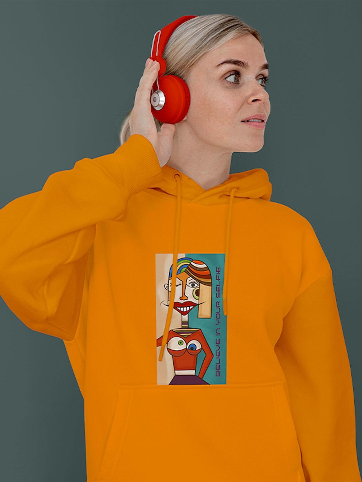 Surrealist Selfie Baskılı Tasarım 3 İplik Kalın Sarı Sweatshirt Hoodie 