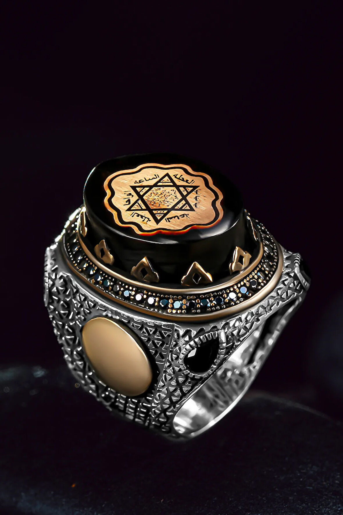 Erkek Gümüş Yüzük - Harf Yazılabilir Kehribar Taşlı Süleyman Mührü Erkek Yüzük