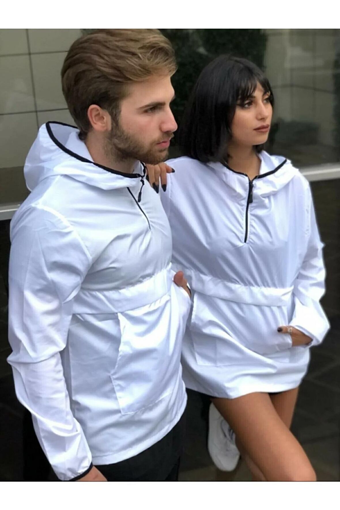 Unisex Beyaz Yağmurluk Rüzgarlık Mont