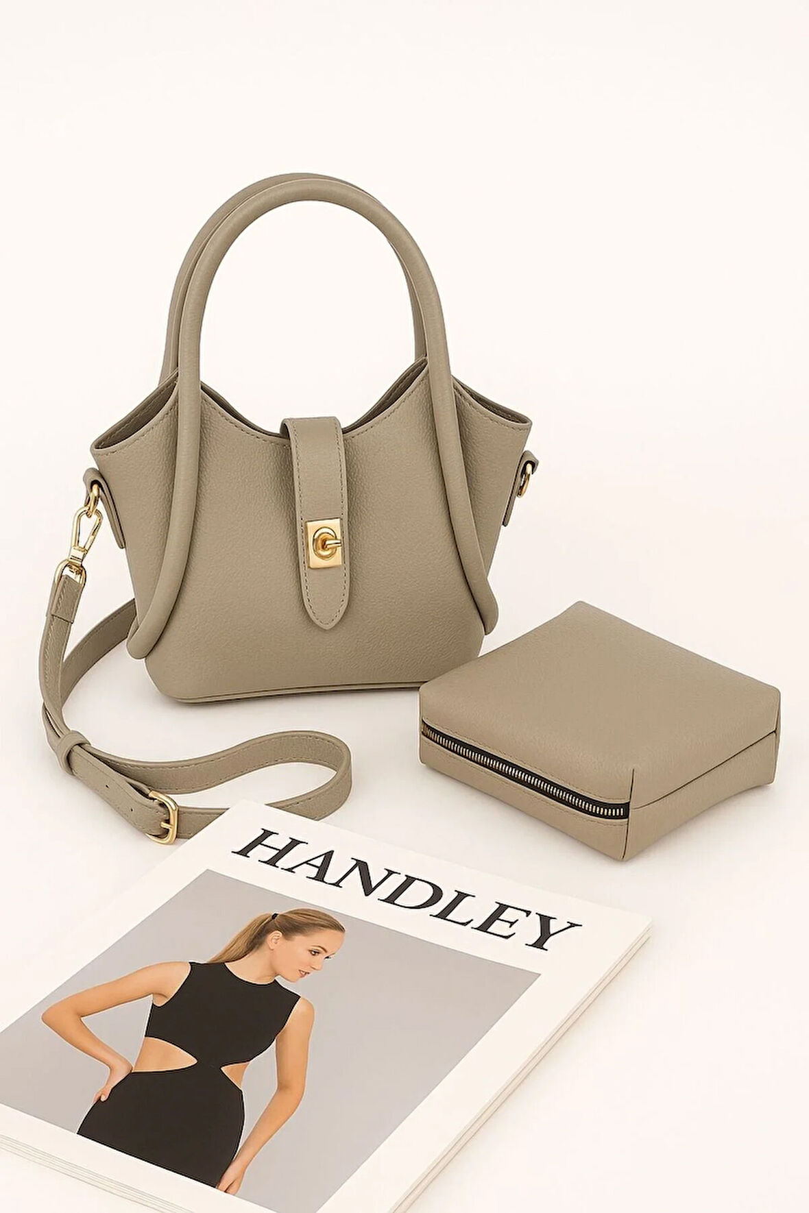 Mini Lüks Deri Tote Çanta ve Makyaj Çantası Seti