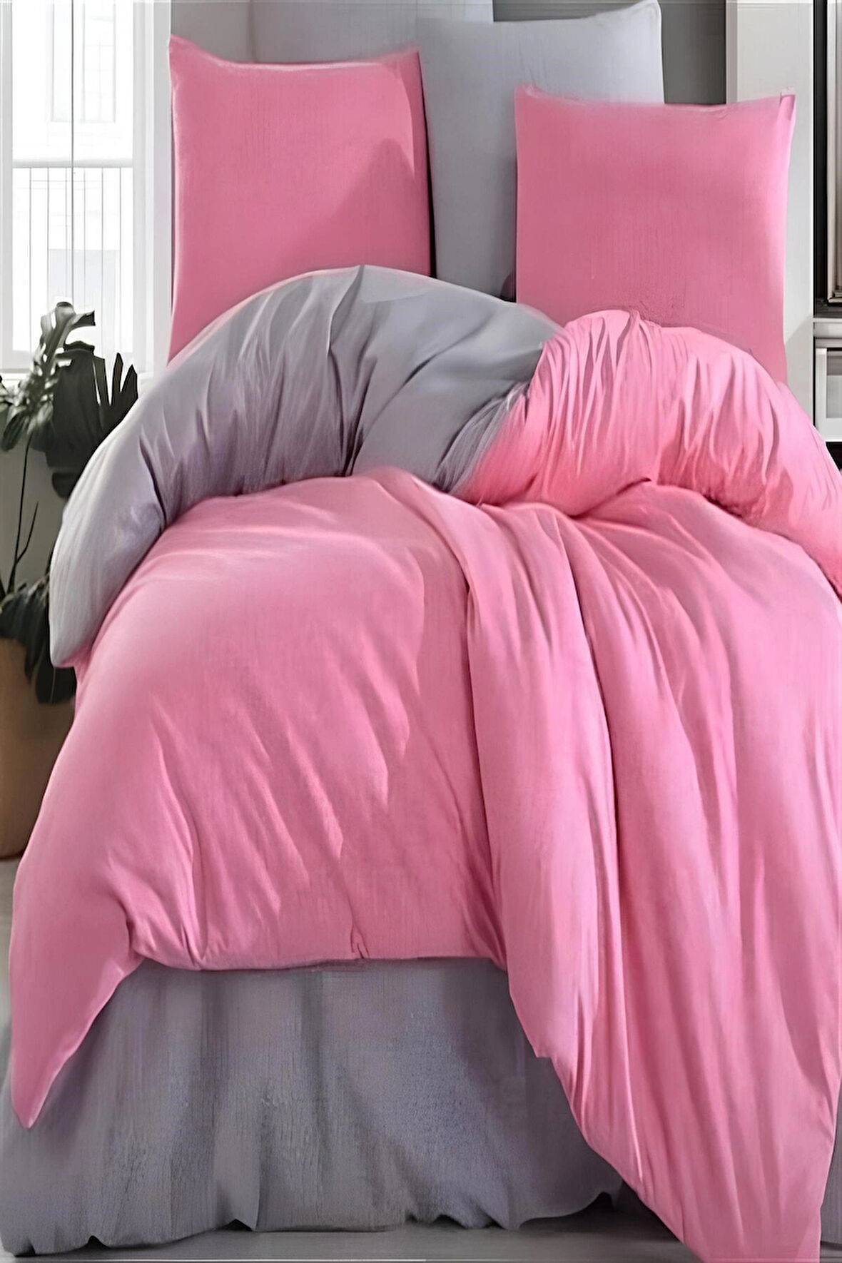 More Home Tek  Kişilik Nevresim Seti + Yastık Kılıfı   Fuşya Antrazit