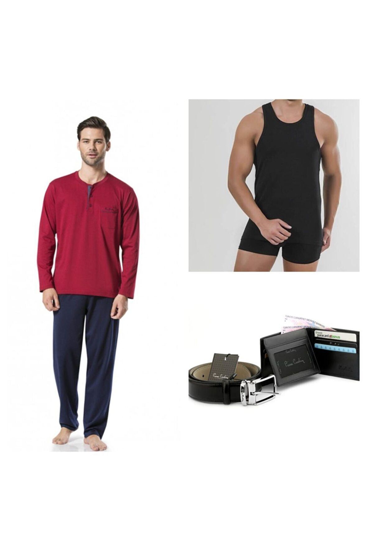 Erkek Bordo Pijama Kemer Cüzdan Atlet Boxer Set Takımı