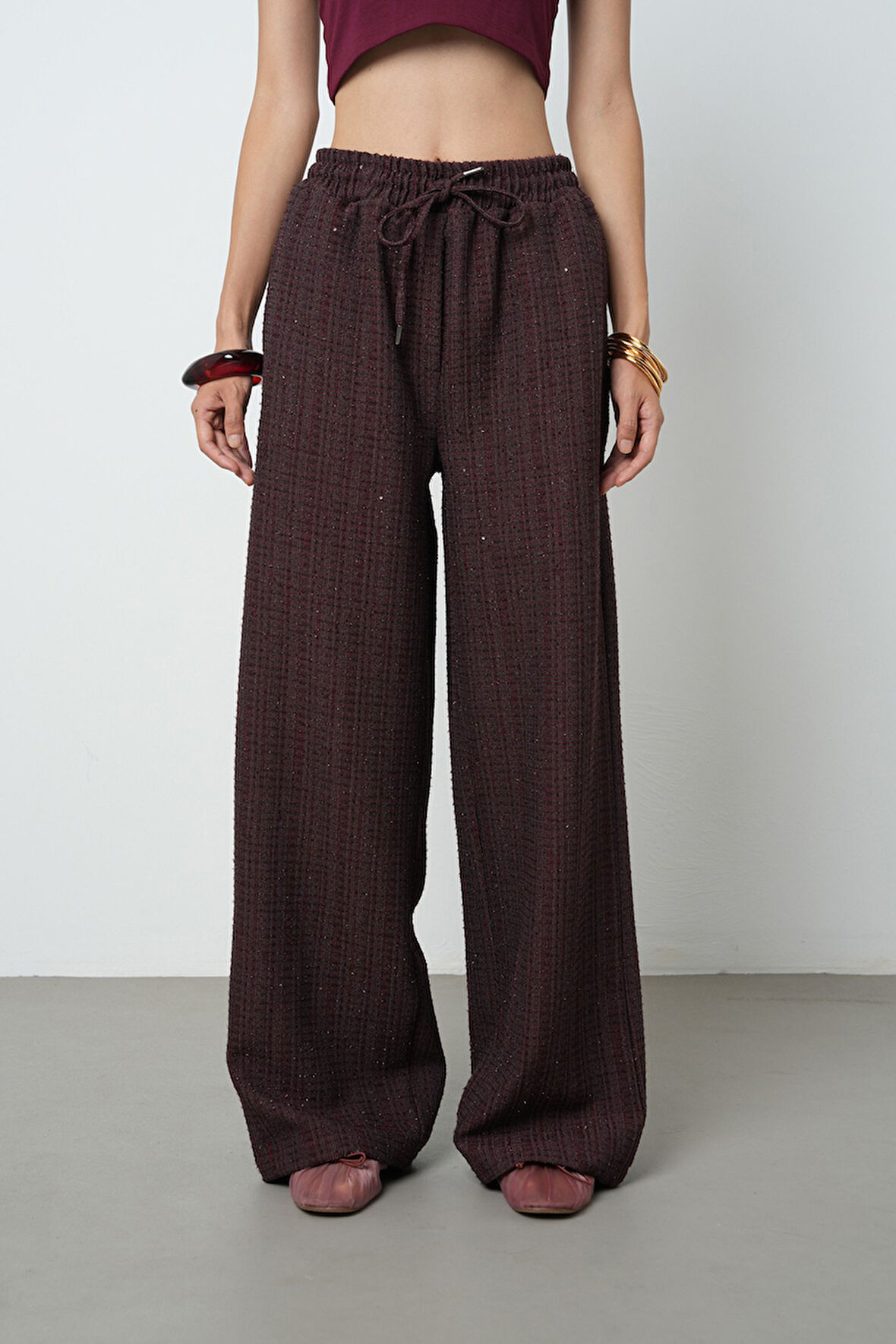 Kadın Simli Bol Paça Beli Lastikli Düz Renk Pantolon