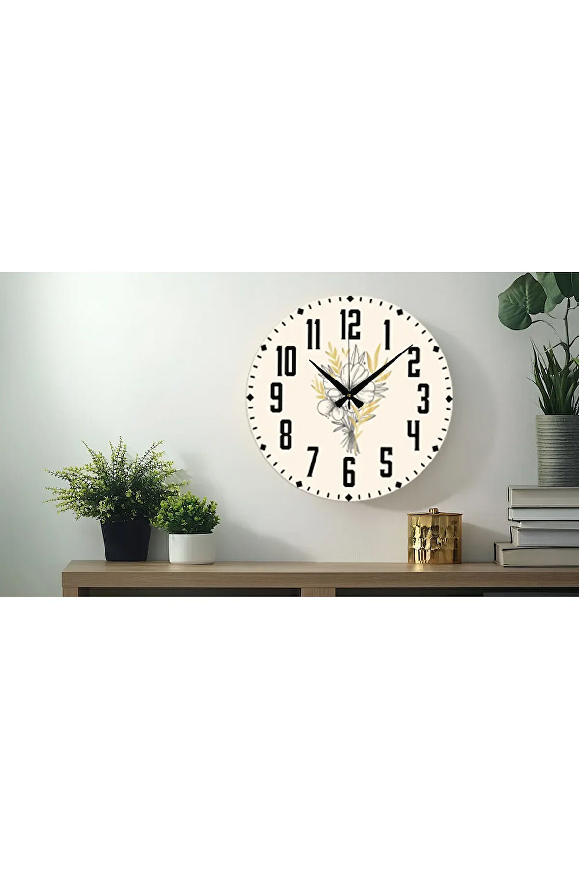 Çiçek desenli Dekoratif Türkçe Rakamlı UV Baskılı Duvar Saati (Sessiz) Akar Mekanizma Metal Akrep