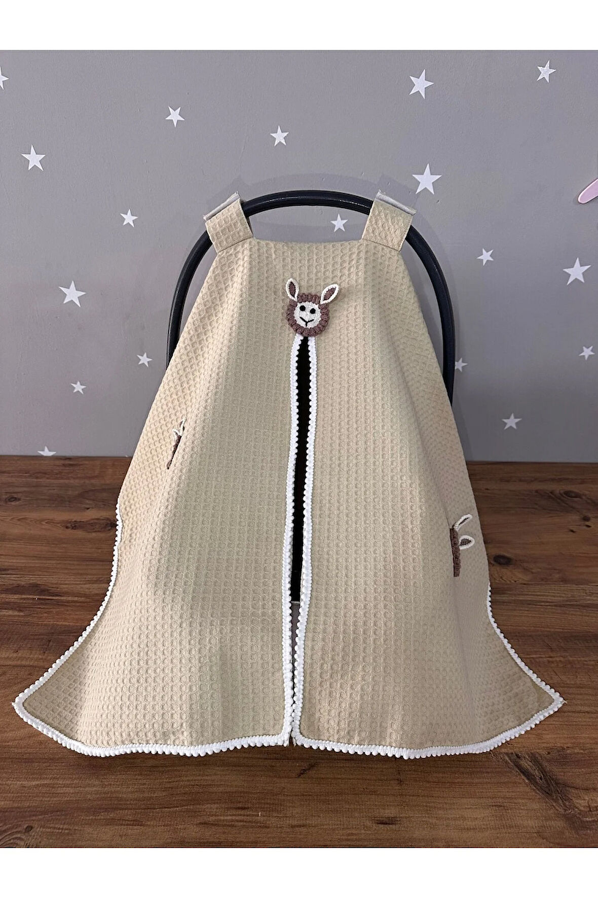 Bej Waffle Kumaş Organik Kuzu Tasarım Puset Örtüsü