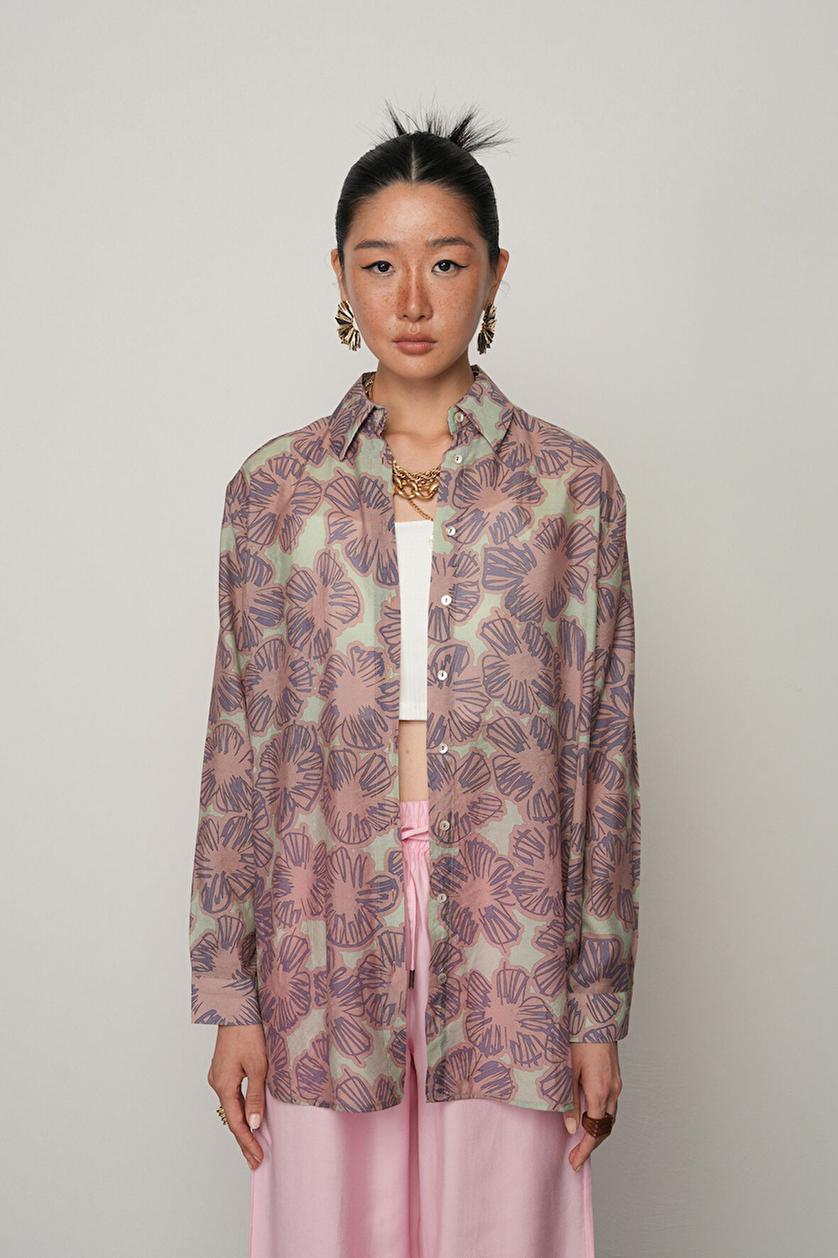 KADIN MİNT RENK ÇİÇEK DESENLİ OVERSİZE KESİM GÖMLEK