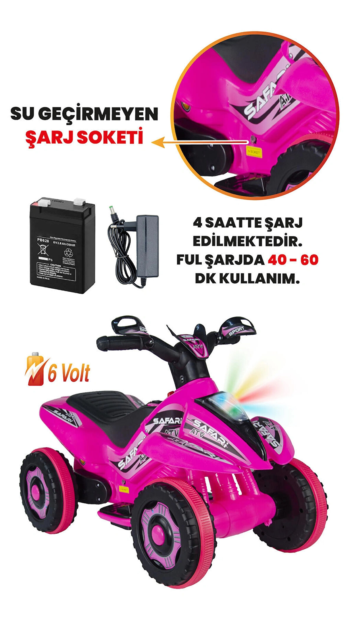 Uj Toys Müzikli ve Led Işıklı Akülü Atv 6V Safari Pembe 