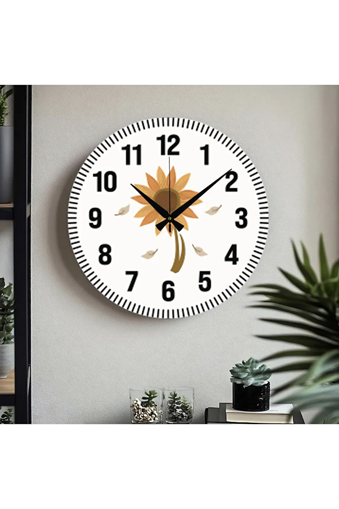 Çiçek desenli Dekoratif Türkçe Rakamlı UV Baskılı Duvar Saati (Sessiz) Akar Mekanizma Metal Akrep